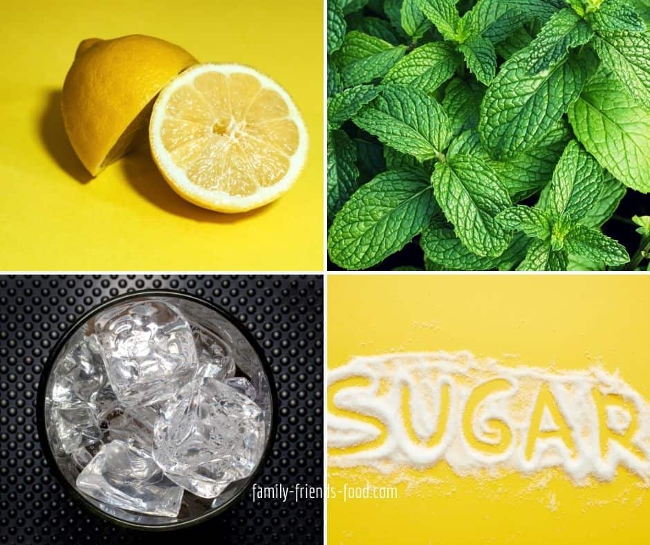 Ingredients for limonana - lemons, mint, ice, sugar.