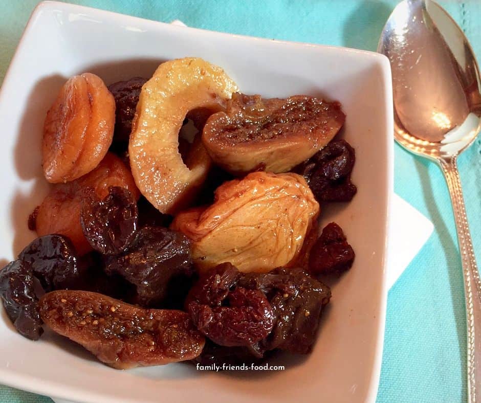Close up image of a bowl of Grandma's dried fruit compote