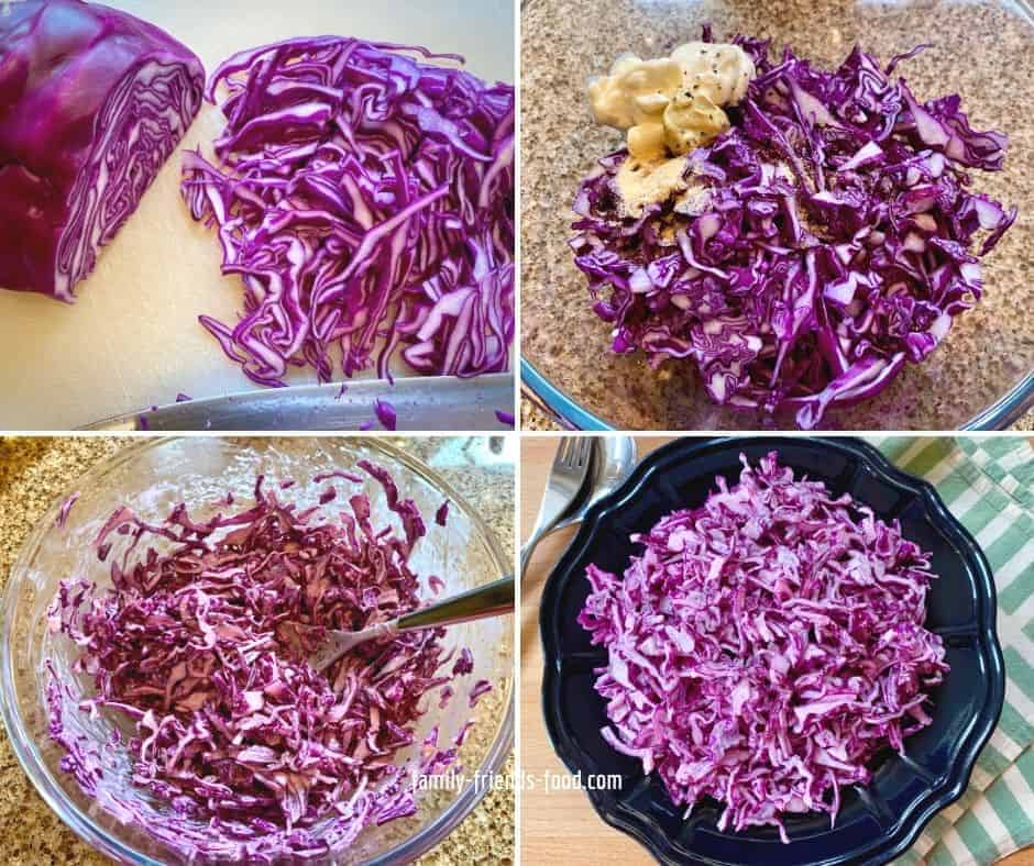 How to make Israeli red cabbage salad. 1. slice and chop red cabbage. 2. Put in a bowl with mayonnaise, mustard, seasonings etc. 3. Mix well to combine. 4. Transfer to a bowl and serve.