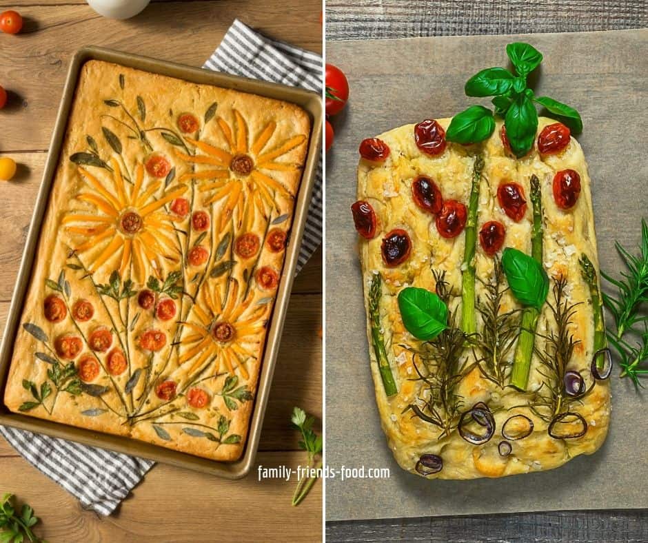 Two examples of focaccia art. On the left, a focaccia decorated with herbs, tomatoes and peppers to make a picture of a bouquet of flowers; On the right, a focaccia decorated with tomatoes, asparagus, red onion and rosemary sprigs.