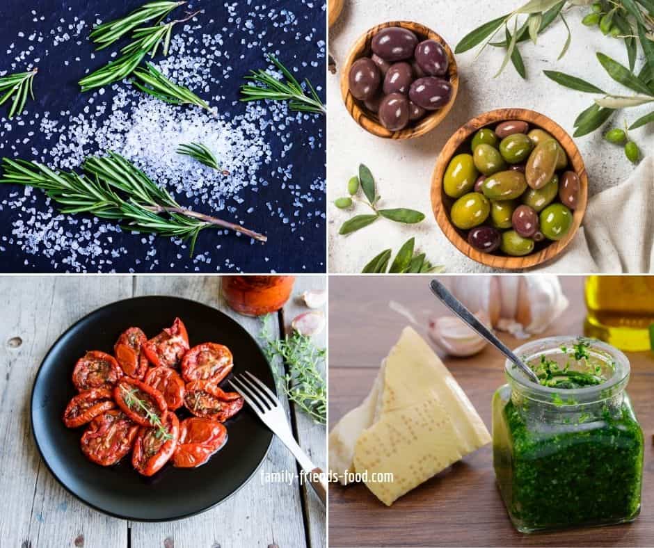 Suggested toppings for focaccia - rosemary and coarse salt, black and green olives, sun-dried tomatoes, pesto and cheese.