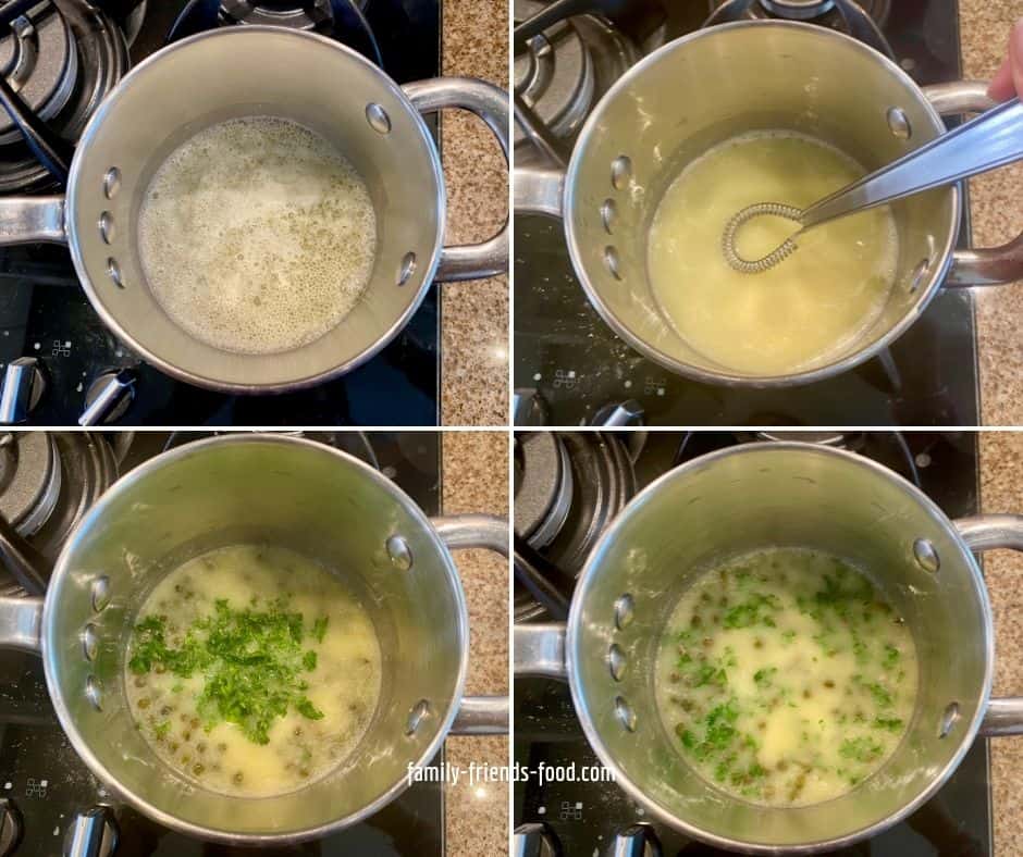 Steps to make a lemon caper butter sauce. 1. melt the butter in a saucepan, 2. whisk in the lemon juice, 3. add capers and chopped parsley, 4. mix well.