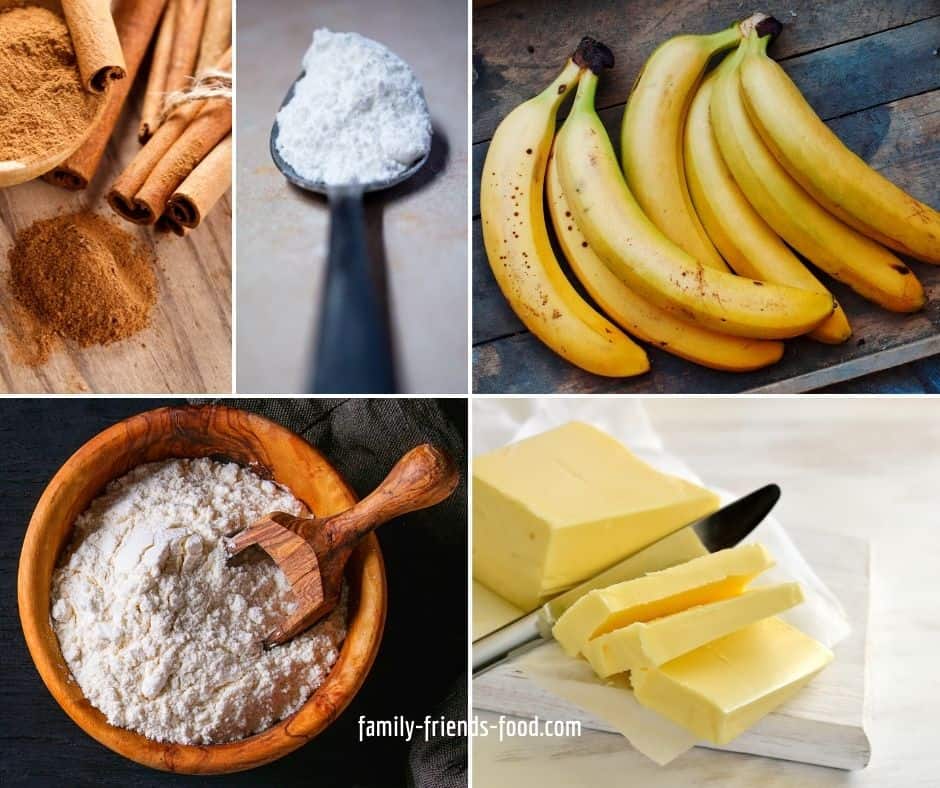 Ingredients for making banana scones - cinnamon, baking powder, spotty bananas, self-raising flour, butter.